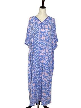 Ellen Tracy Caftan in Pink and Lavender Floral Print, Pockets, size L/XL